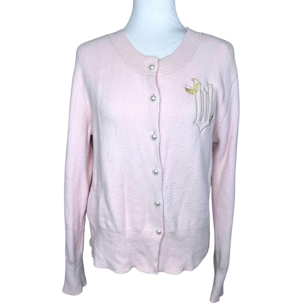 Wicked The Musical Pink Cardigan Sweater Gold Embroidered Crest Pearl Button XL‎